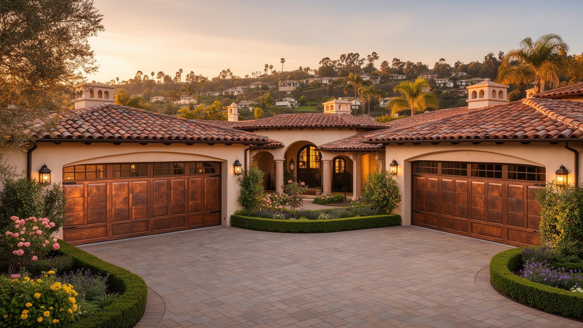 Luxury copper-clad garage doors on beautiful Spanish revival home in Painesville area
